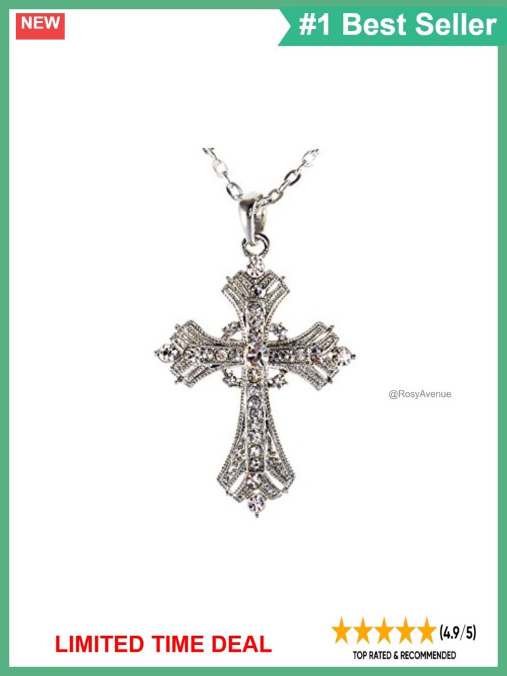 Silver Tone Crystal Cross Pendant Necklace Cable Chain Religious Gift